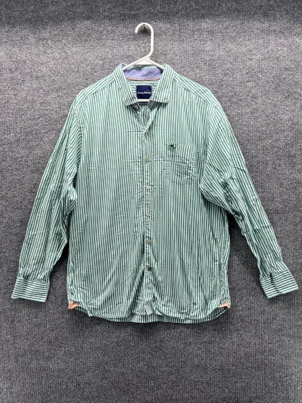 Tommy Bahama Shirt Men Large Green Stripe Long Sleeve Button Up Cotton Pocket
